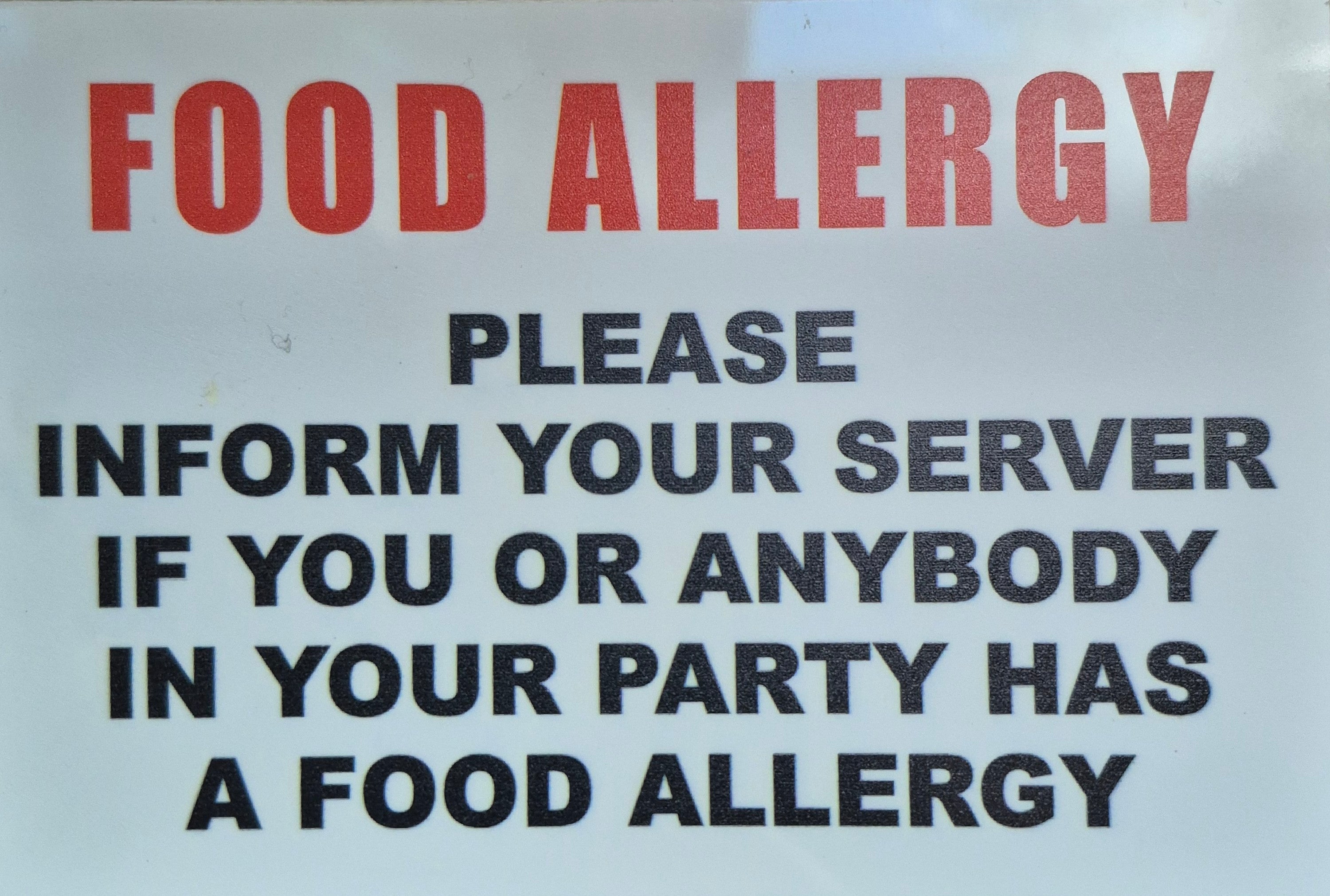 FOOD ALLERGY INFORM YOUR SERVER sign